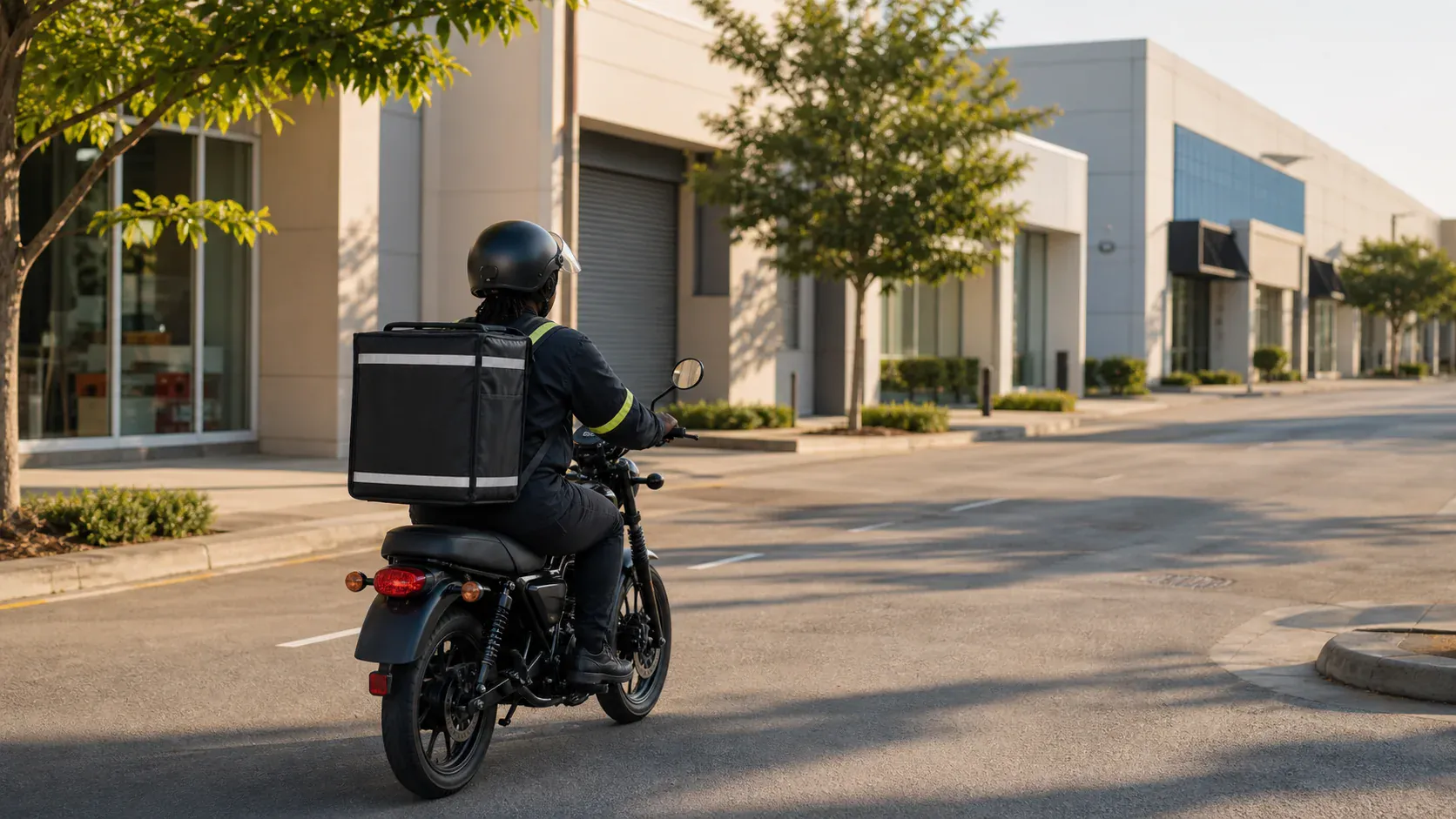 A delivery rider moving through a Caribbean commercial neighbourhood