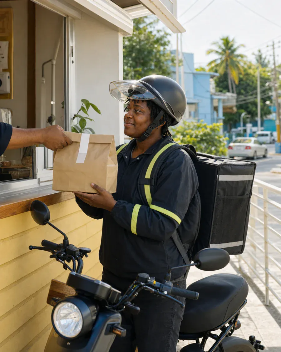 A Caribbean delivery rider preparing a sealed order for delivery