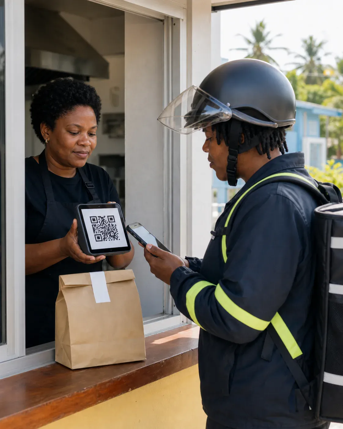 A rider scanning a vendor QR code during a secure pickup