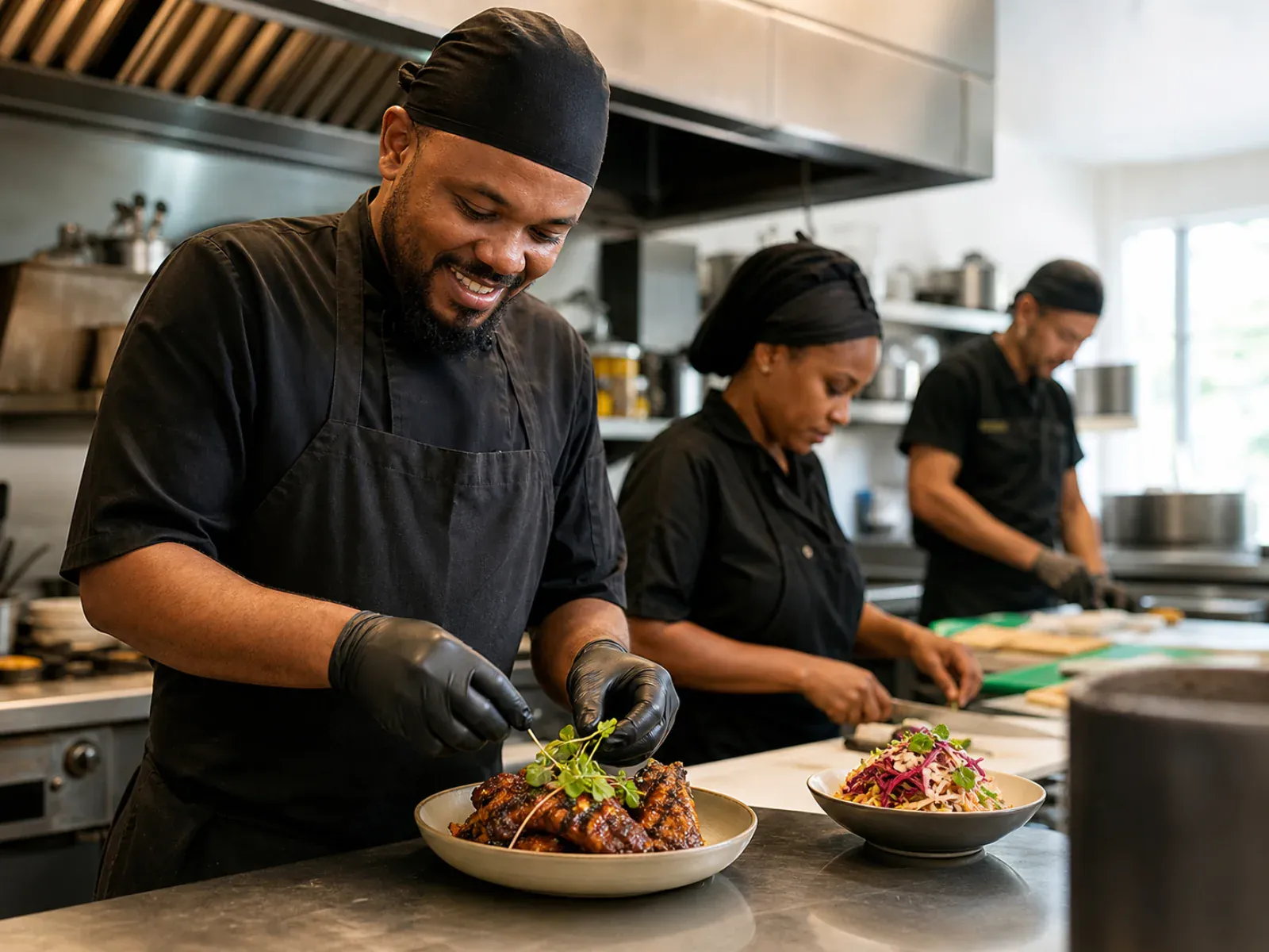 A restaurant team preparing orders in a Caribbean kitchen