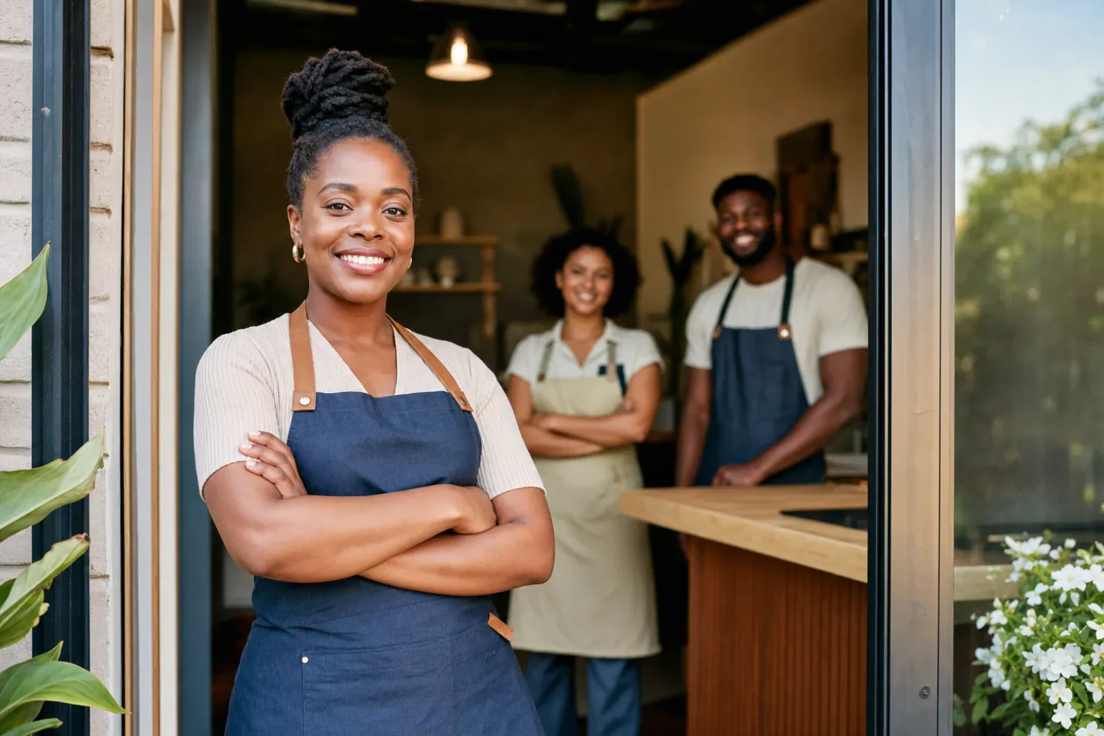 A confident Caribbean business owner welcoming customers