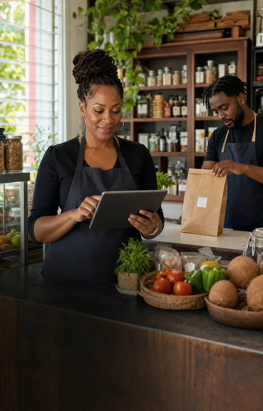 A Caribbean business owner managing a digital order with her team